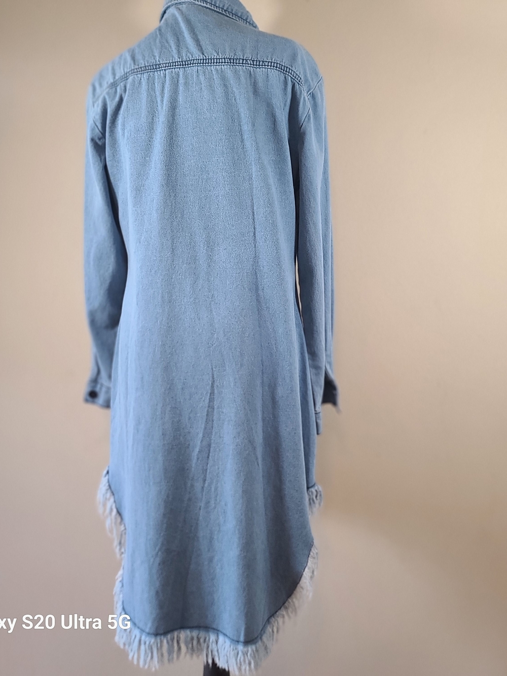 Light Wash Distressed Denim Shirt Dress - Light Blue - Picture 2 of 9